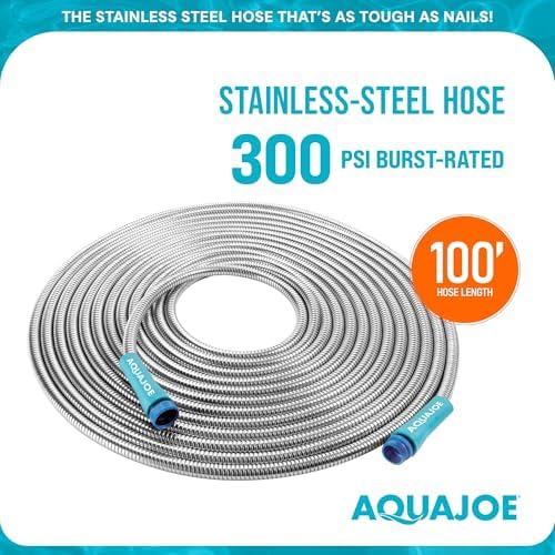 Aqua Joe 50-Foot Heavy Duty Garden Hose, Spiral 304 Stainless Steel Metal Hose, Puncture Proof, 1/2 Inch Diameter with Aluminum Fittings, AJSGH50