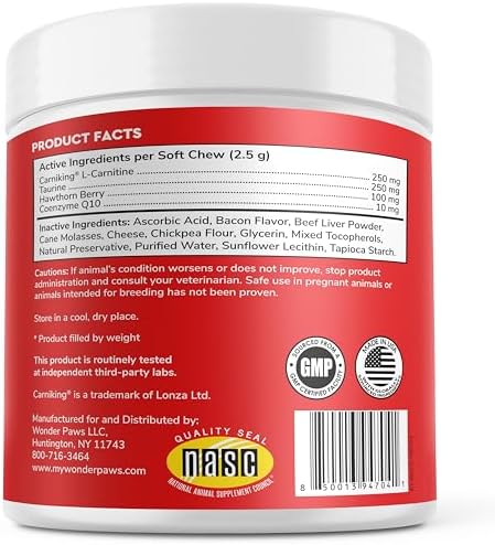 Wonder Paws Cardio Support for Dogs – Cardiovascular Chews Heart Health, Circulation, Energy & Weight Management - with L-Carnitine, Hawthorn Berry