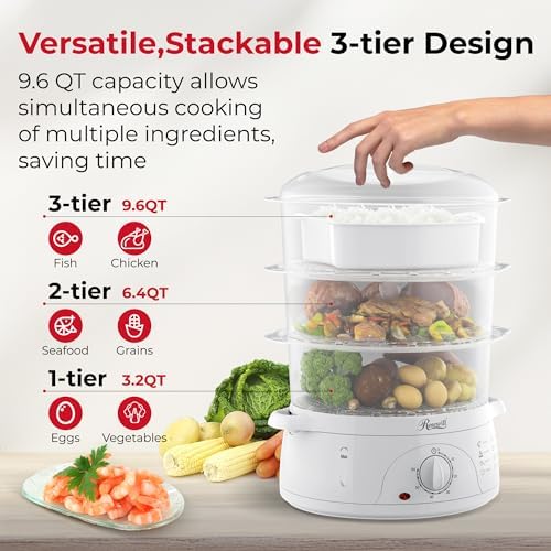 Rosewill Electric Food Steamer with 3 Tiers BPA-Free Stackable, Dishwasher Safe Baskets, 800W with fast steam heating within 40s