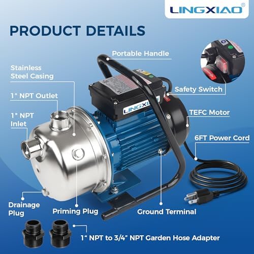 1HP Irrigation Pump, 1110 GPH, Portable Shallow Well Pump, 115V, 141 FT Height, Stainless Steel Sprinkler Pumps for Garden Lawn Farm Irrigation System