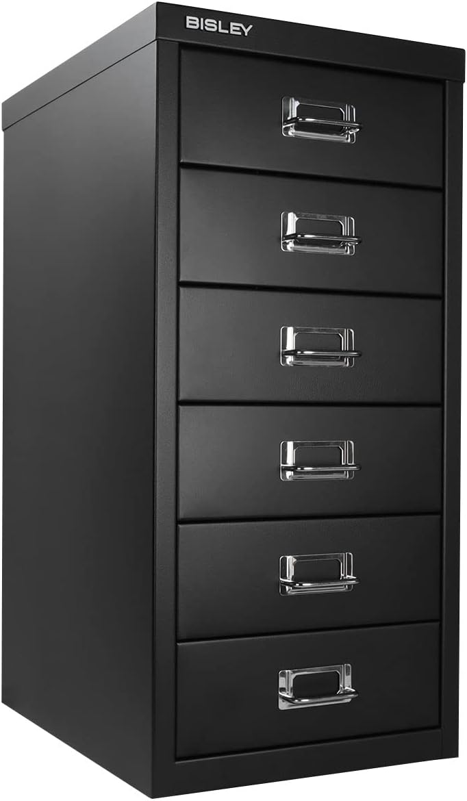 5-Drawer Steel MultiDrawer Cabinet - Orange, by Bisley | Chrome Pull Handles with Label Holders, Powder-Coated Steel, Removable Drawers, Desktop Storage, Labels Included