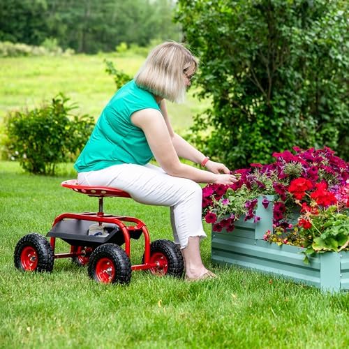 Sunnydaze Rolling Garden Cart with Swivel Seat and Storage, Green | Steel Rolling Gardening Seat with Utility Tray, and Basket for Storage, Rotating, Swiveling Motion