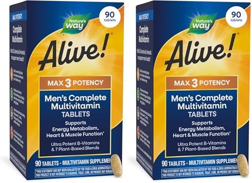 Nature's Way Alive! Men’s Max3 Potency Daily Multivitamin, 90 Tablets | High Potency Multivitamin for Men with B-Vitamins for Cellular Energy*, Supports Heart, Muscle and Eye Health*