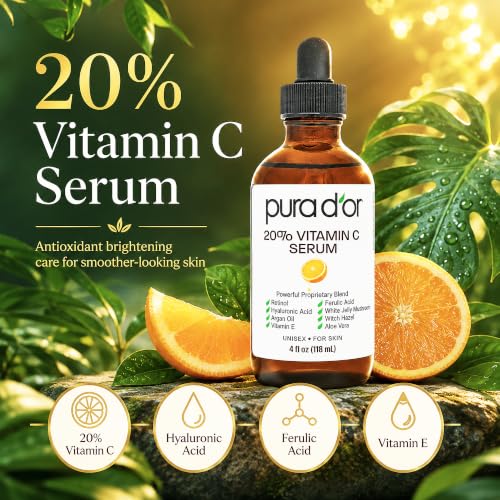 PURA D'OR 20% Vitamin C Anti-Aging Facial Serum, 4 fl oz | Smoother-Looking Texture, pH Balanced, Ferulic Booster, Antioxidant Support, Uneven Tone