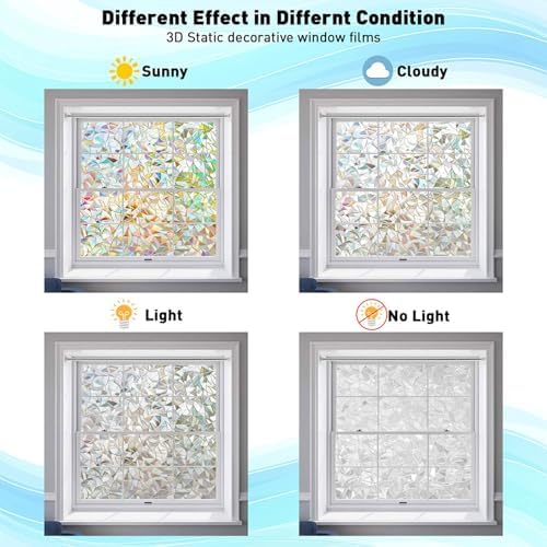 LEMON CLOUD Window Privacy Film, Rainbow Stained Glass Cling,17.5″ x 78.7″
