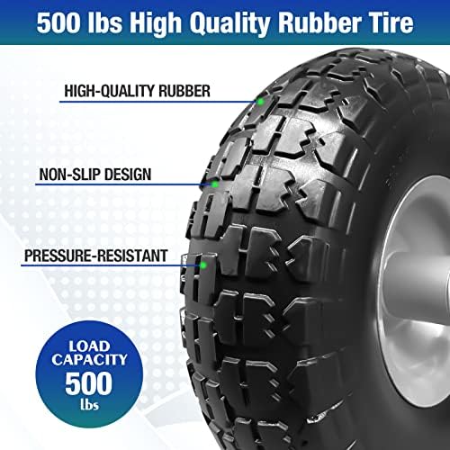 4 Pcs 4.10/3.50-4 Flat Free Tires and Dolly Wheel, 10" Solid Non-inflated Tires Wheels with 5/8 Ball Bearings, 2.24" Offset Hub for Wheelbarrow