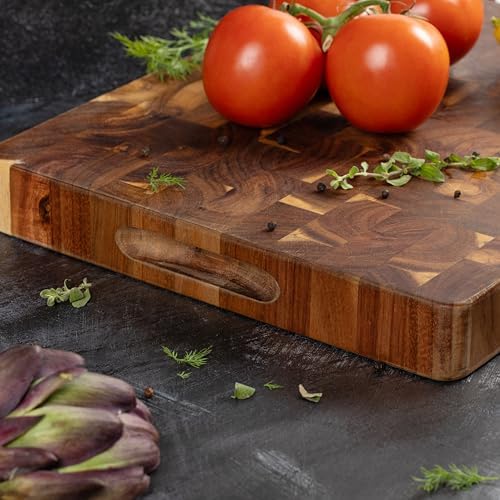 Extra-Large Acacia Wood Cutting Board with Built-In Handles – Checkered End-Grain Butcher Block, Reversible Chopping Board for Meat