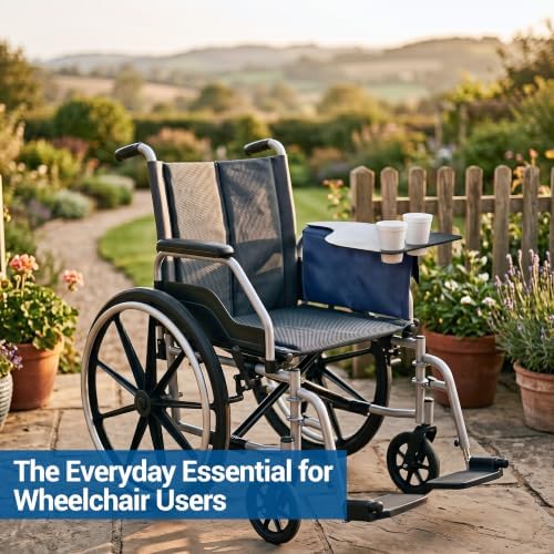 Skil-Care Left Side Wheelchair Flip Tray, 23"W x 19.5"D, Scratch-Resistant | 705032, Scratch-Resistant Surface, Two Cup Holders, Convenient Flip-Away Design, Fits All Standard Wheelchair Armrests, Left