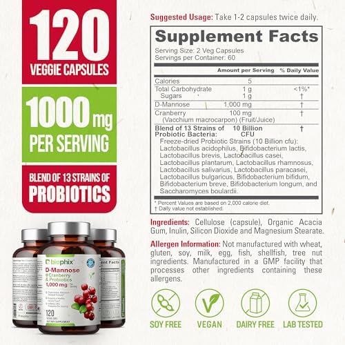 biophix D-Mannose 1000mg Capsules with Cranberry & Probiotics - D Mannose Supplements for Women - D-Mannose Pills for Urinary Tract & Bladder Health Support - Digestive Well-Being - 120 Vcaps