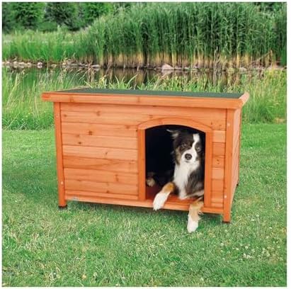Trixie Natura Classic Dog House - Wooden Outdoor Shelter with Weatherproof Sealer, Hinged Roof & Adjustable Legs for Medium Dogs - Gray - 27 x 41 x 28.5 in
