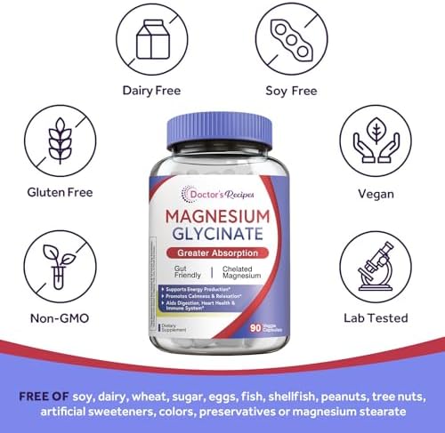 Doctor's Recipes Magnesium Glycinate Supplement, Amino Acid Chelated, Non Buffered, High Absorption, Easy on Stomach, Support Calm, Bone, Heart