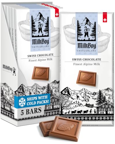 MilkBoy Swiss Chocolates Alpine Milk Chocolate Bars - 3 oz, 5 Pack | Premium gourmet treat with creamy milk. Rainforest Alliance certified cocoa. Gluten free. Kosher. Crafted in Switzerland.