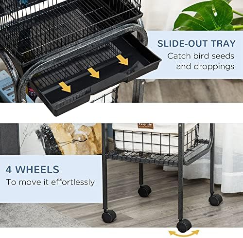 Pawhut 45-inch Metal Indoor Bird Cage, Parrot Cage, Bird Aviary with Detachable Rolling Stand, Storage Basket, and Accessories - Black | Parrot Cage