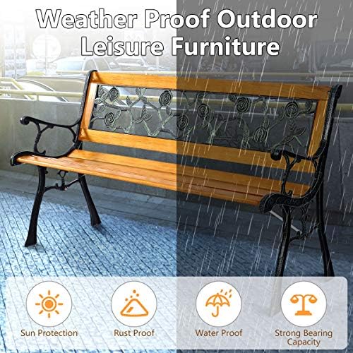 GIANTEX 50'' Patio Park Garden Bench, Outdoor Furniture Rose Cast Iron | Porch Loveseat for 2 Person with Hardwood Frame and Armrest