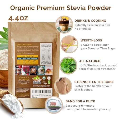 Enzo Organic Stevia Powder 125g (4.4oz / 3125-Servings) - Premium USDA Certified All Natural Alternative-Sweetener 320x Sugar Free Non-GMO 0