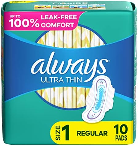Always Ultra Thin Pads Size 1 Regular Absorbency Unscented with Wings, 10 Count, Packaging may vary