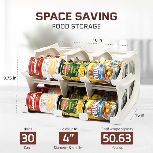 FIFO Countertop Mini Can Tracker Holds 30 Standard 10-24 Oz Can Sizes, White| Stackable & Adjustable Can Organizer for Pantry, USA Made, White