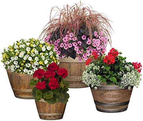 Classic Home and Garden Outdoor Round Whiskey Resin Flower Pot Barrel Planter, Distressed Oak Brown, 20.5" (Pack of 3)