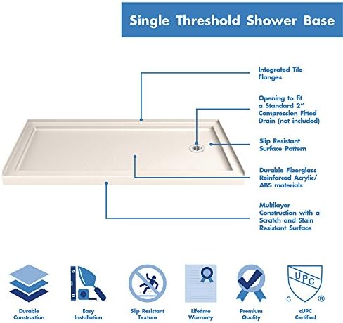 DreamLine SlimLine 32 in. D x 60 in. W x 2 3/4 in. H Right Drain Single Threshold Shower Base in White, DLT-1132602