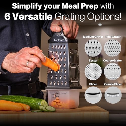 Cheese Grater with Container, Handheld Shredder, Zester (6 in 1) | 6 grating functions, coarse, medium, fine, micro, slicer blades, non-slip base