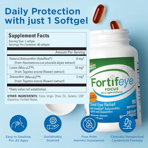 Fortifeye Focus Eye Care Supplement 30 Softgel Capsules - Triple Carotenoid Including Astaxanthin, Lutein, and Zeaxanthin Supplements, Eye Vitamins, Supports Eyes Fatigue and Blue Light Protection