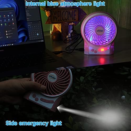 efluky 4.9-Inch Mini Desk Fan - 3 Speeds, Rechargeable Battery/USB Powered with LED Light, Quiet Portable Fan for Home, Office, Travel, Camping (Black)