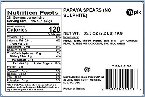Yupik Dried Papaya Spears, 2.2 lb (35.2 oz), Gluten-Free, Vegan, Kosher, Sweetened Tropical Dried Fruits, Long Strips, No Added Sulphites, Fruity Snacks, Ideal for Baking & Topping