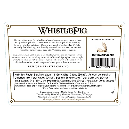 Runamok Organic Bourbon Barrel Aged Maple Syrup - Vermont Maple Syrup, Pure Maple Syrup for Cocktails, Cheese Pairing & Perfect To Be Used As Pancake Syrup, Maple Syrup Organic | 8.45 Fl Oz (250mL)