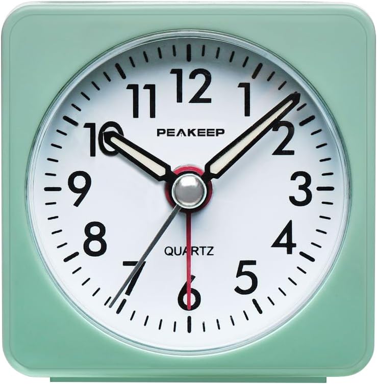 Peakeep Ultra Small, Battery Travel Alarm Clock with Snooze and Light | Silent No Ticking Analog Quartz Clock (Aquamarine)