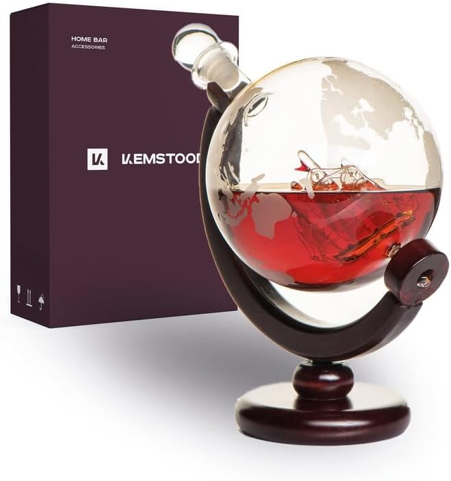 Kemstood Whiskey Decanter Sets for Men - Etched World Globe Design with Wood Stand & 2 Glass - Ideal for Dignified Drinking, Home Decor - Unique Whiskey Gifts for Men - 28 oz / 850 ml Capacity