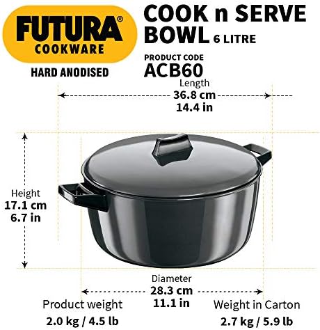Hawkins Futura 6 Litre Cook n Serve Bowl, Hard Anodised Saucepan with Hard Anodised Lid, Sauce Pan for Cooking and Serving, Black (ACB60) (Aluminium)
