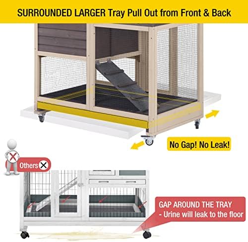 Aivituvin Upgrade Rabbit Cage Indoor Bunny Hutch with Run with Two Deeper No Leak Trays - 4 Casters Include for Outdoor (Coffee)
