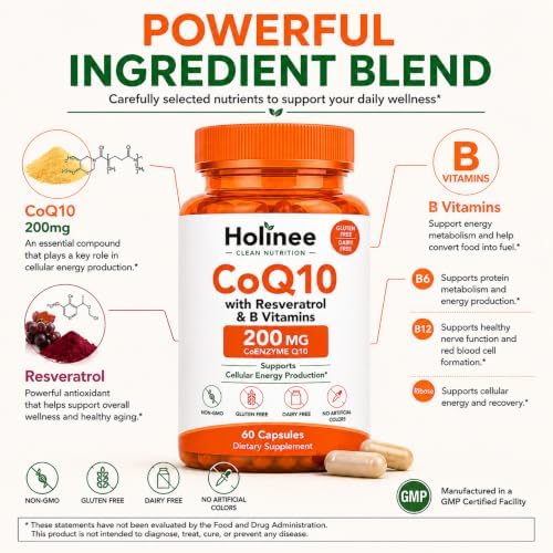 Holinee CoQ10 200mg with Trans-Resveratrol & B Vitamins, 60 Capsules | Enhanced Absorption, Cellular Energy, Antioxidant Support, GMO-Free
