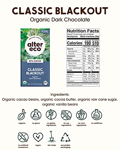 Alter Eco | Classic Blackout | 85% Pure Dark Cocoa, Fair Trade, Organic, Non-GMO, Gluten Free Dark Chocolate Bar, 12 Bars