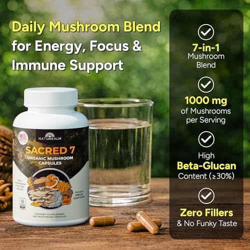 Sacred 7 Brain Mushroom Powder, Organic 7-in-1 Blend 226 Servings | Seven fruiting body extracts, lions mane cordyceps reishi, stirs into coffee or smoothies, 1000 mg scoop