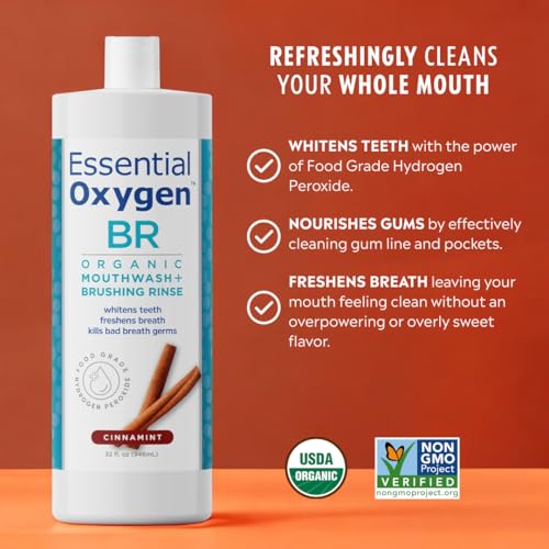 Essential Oxygen Certified BR Organic Brushing Rinse, All Natural Mouthwash for Whiter Teeth, Fresher Breath, and Happier Gums, Alcohol-Free Oral Care, Peppermint, 16 Ounce, Package may vary