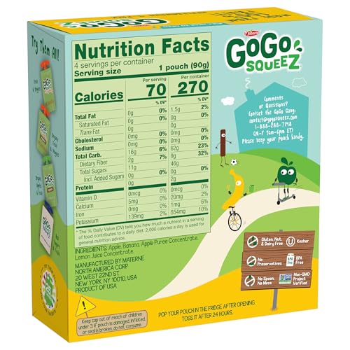 GoGo squeeZ No Sugar Added Applesauce, Apple Apple, 3.2 oz, 48 Count | Kids on the go fruit snack made with applesauce & fruit puree; 3.2 oz pouches, gluten and nut free, recloseable cap, BPA-free