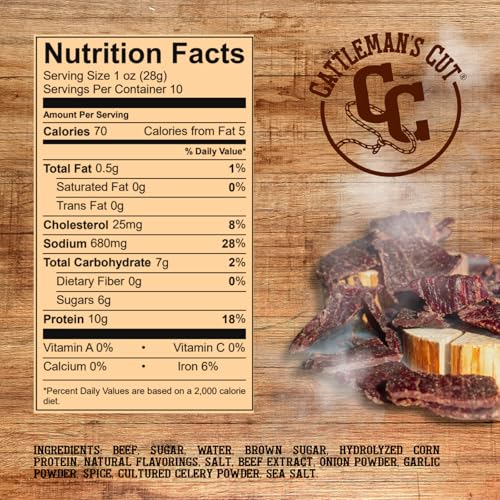 Cattleman's Cut Original Beef Jerky, Premium Marinated Steak High Protein Meat Snacks, Keto Friendly, Gluten Free, Carnivore Travel Snack, Resealable Bag, 10 Ounces