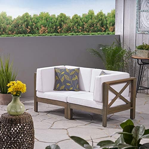 GDFStudio Outdoor Sectional Loveseat Set | 2-Seater | Acacia Wood | Water-Resistant Cushions | Teak and Beige