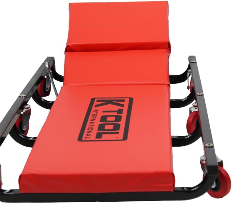 K Tool International 74961 Creeper Seat, Adjustable Headrest with Fully Padded Support, Oil Resistant Rubber Casters