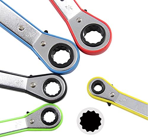 MacWork 5-Piece Offset Ratcheting Wrench Set ，Five Colors Reversible Universal Ratchet Double Ring Spanners