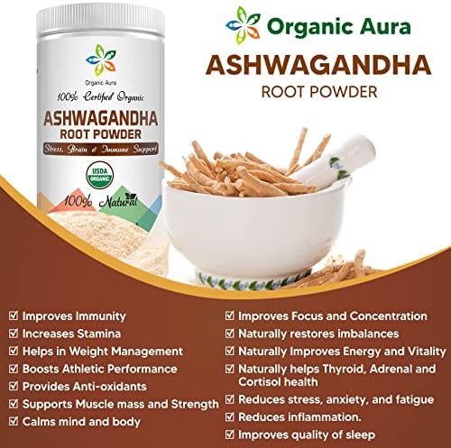 Certified Organic Ashwagandha Root Powder 16Oz -1Lb. Natural Stress, Brain and Immune Support. Enhances Overall Health. Raw Superfood. 100% Natural Herbal
