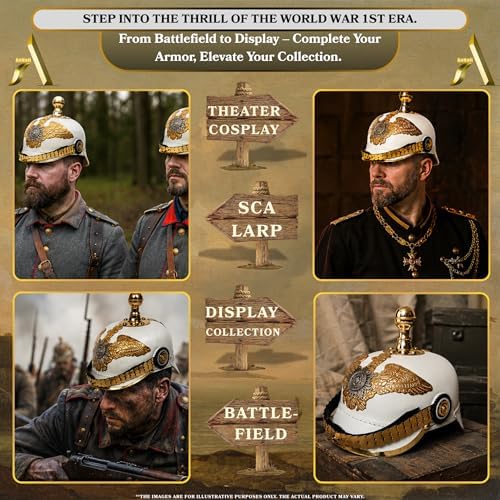 AnNafi® White German Pickelhaube Helmet | Leather Pickelhauben Imperial Prussian Helmets | Brass Military Officer Round Top Men’s Costume | WWI &