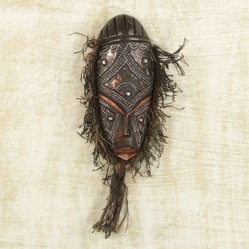 NOVICA Artisan Crafted Handmade African Sese Wood Mask | Aluminum Cotton Rustic | Aluminum Wall Mask | Brown Cotton Twine | Home Decoration | Hand