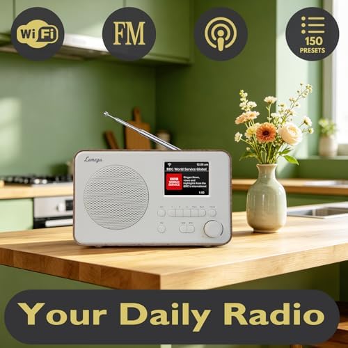 LeMega IR1PRO Internet Radio, Podcasts, Bluetooth, FM, Walnut | Alarm clock, full colour display, mains or AA battery, compact kitchen radio, snooze