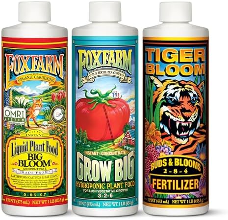 FoxFarm Hydro Liquid Trio Pack - Big Bloom, Grow Big Hydroponic, Tiger Bloom Fertilizers for Plant Growth, Bud Development & Abundant Fruit - Complete Hydroponic Plant Food Set - 3 Pint Bottles
