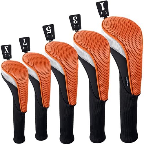 Andux 5pcs/Set Mesh Golf Wood Club Head Covers Long Neck