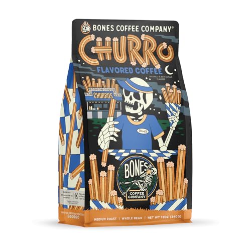 Bones Coffee Company Highland Grog, Butterscotch Caramel Flavored Coffee, Medium Roast Low Acid Arabica Beans Compatible with Auto drip and French Press Coffee Maker, 12 Oz Whole Bean