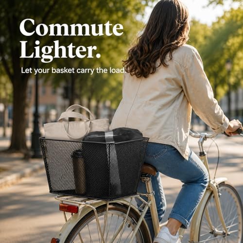 Rear Bike Basket with Rain Cover, Heavy-Duty Wire Cargo Rack | Suits most bicycles, ideal for commuting & shopping, easy mount