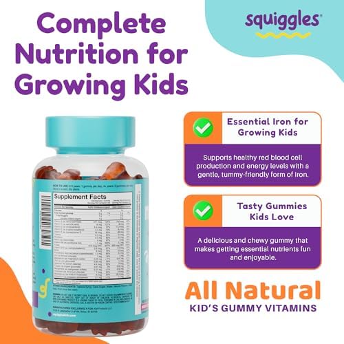 Squiggles Kids Multivitamin + Iron Gummies, Low Sugar Gummy Vitamins, 100ct | Kids Multivitamin with Iron Gummies